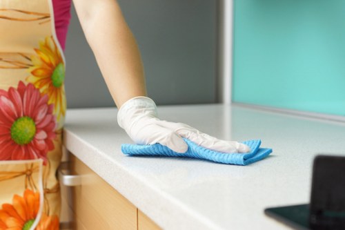 Professional cleaner dusting furniture in Stratford home