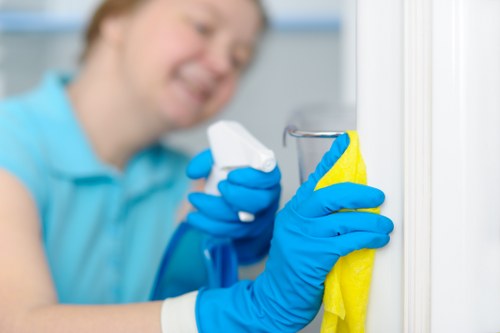 House cleaning team organizing and sanitizing a kitchen